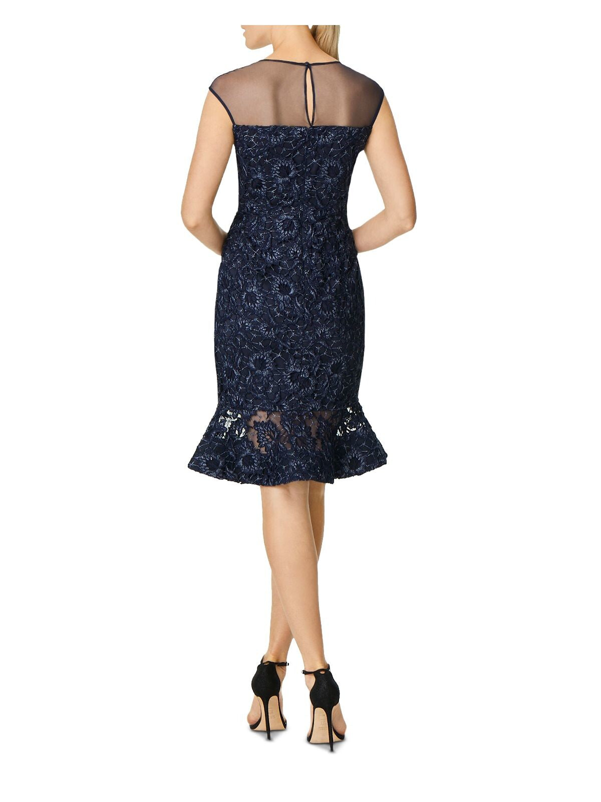 AIDAN MATTOX Womens Navy Metallic Lace Floral Sleeveless Boat Neck Midi Evening Fit + Flare Dress 4