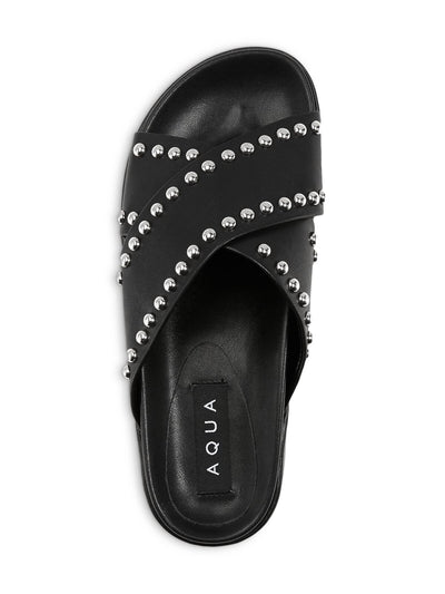 AQUA Womens Black Cushioned Studded Krisa Round Toe Platform Slip On Slide Sandals Shoes 7 M
