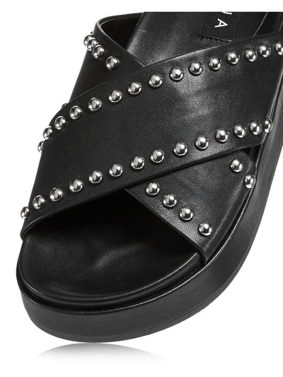 AQUA Womens Black Cushioned Studded Krisa Round Toe Platform Slip On Slide Sandals Shoes M