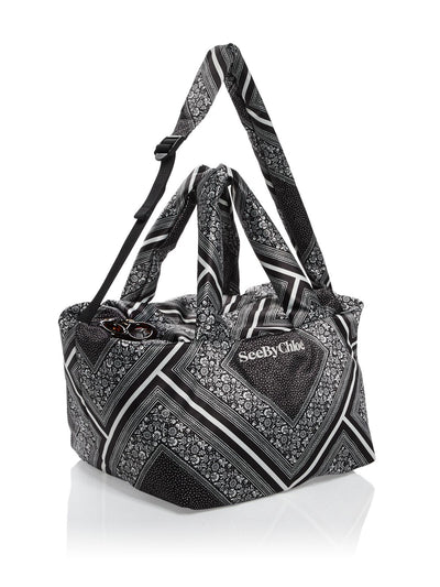 SEE BY CHLOE Women's Black Polyester 38In Shoulder Strap Bandana Double Flat Strap Tote Handbag Purse