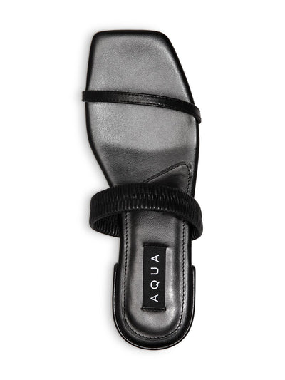 AQUA Womens Black Strappy Cushioned Stretch Livi Square Toe Block Heel Slip On Leather Slide Sandals Shoes 7.5 M