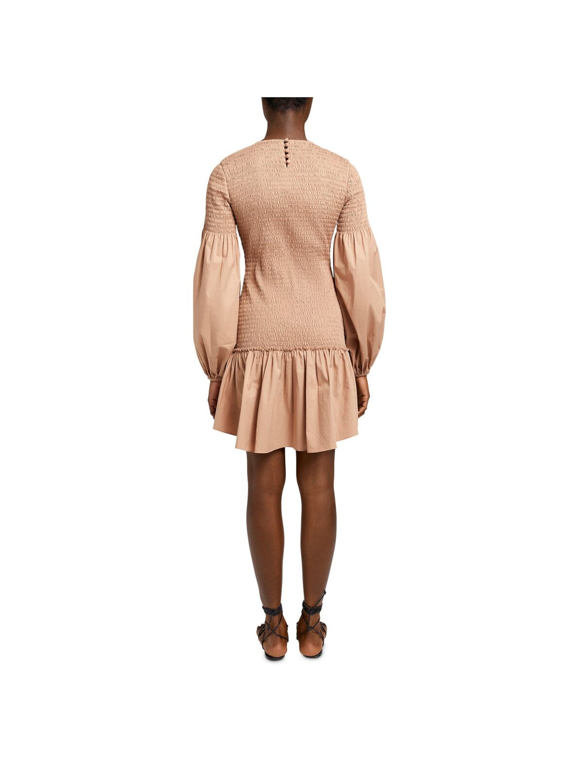 A.L.C Womens Brown Smocked Ruffled Button Back Closure Long Sleeve Crew Neck Short Evening Drop Waist Dress 8