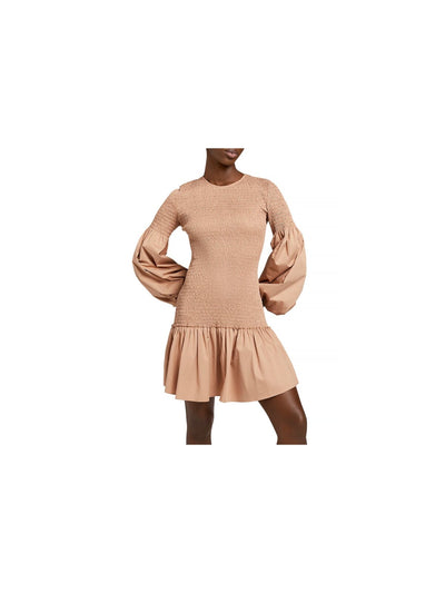 A.L.C. Womens Beige Smocked Ruffled Button Back Closure Long Sleeve Crew Neck Short Evening Drop Waist Dress 4