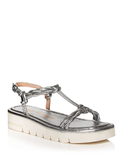 STUART WEITZMAN Womens Silver 1" Platform Padded Calypso Square Toe Wedge Buckle Leather Slingback Sandal 9 B