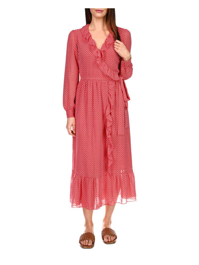 MICHAEL MICHAEL KORS Womens Red Stretch Ruffled Belted With Scarf Floral Cuffed Sleeve Surplice Neckline Midi Wrap Dress XS
