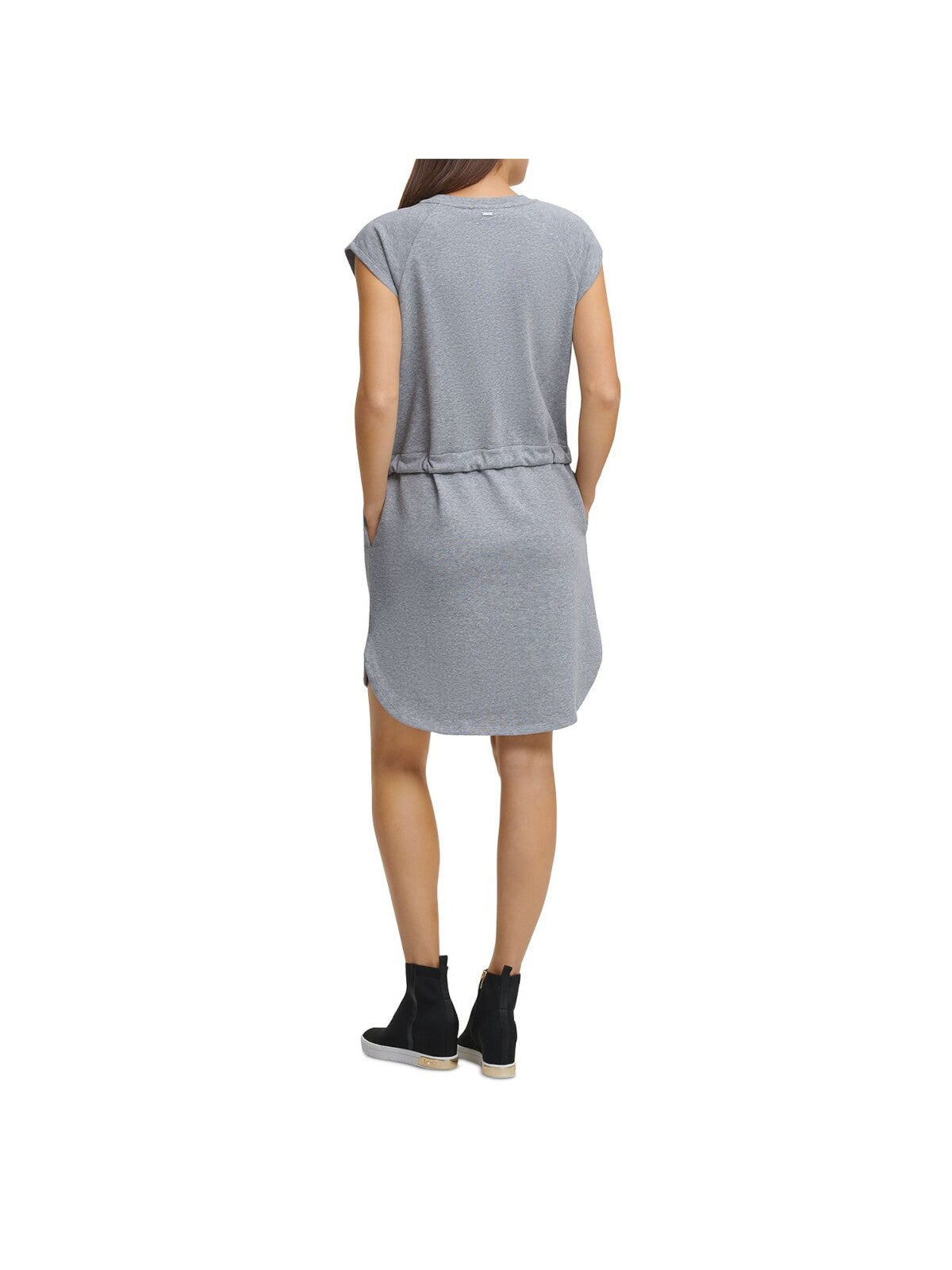 DKNY Womens Lace Drawstring-waist Cap Sleeve Crew Neck Short Shift Dress