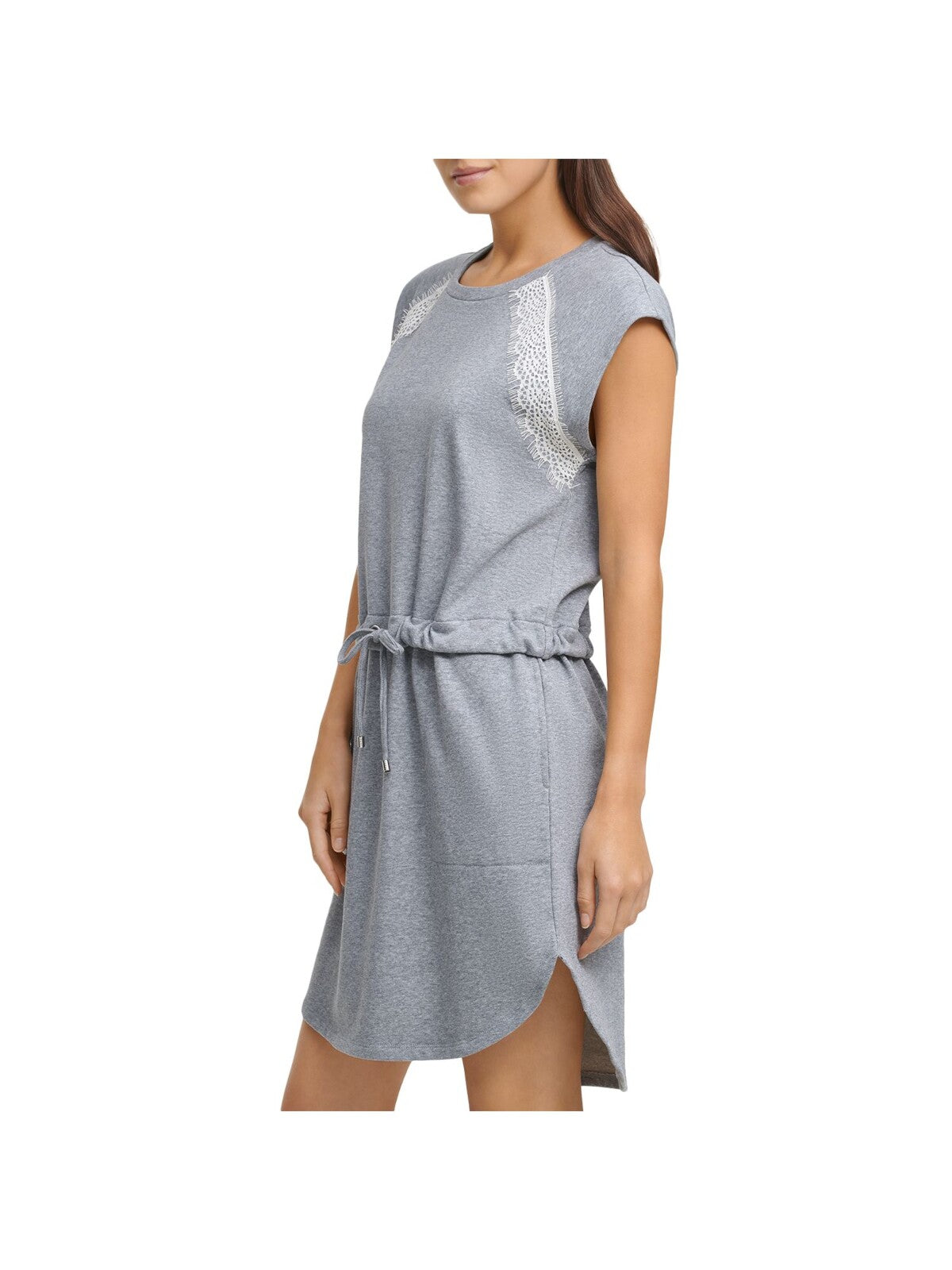 DKNY Womens Gray Lace Drawstring-waist Heather Cap Sleeve Crew Neck Short Shift Dress XS