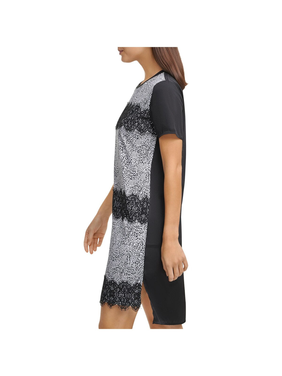 DKNY Womens Black Lace Fringed Short Sleeve Crew Neck Knee Length Evening Hi-Lo Dress XS