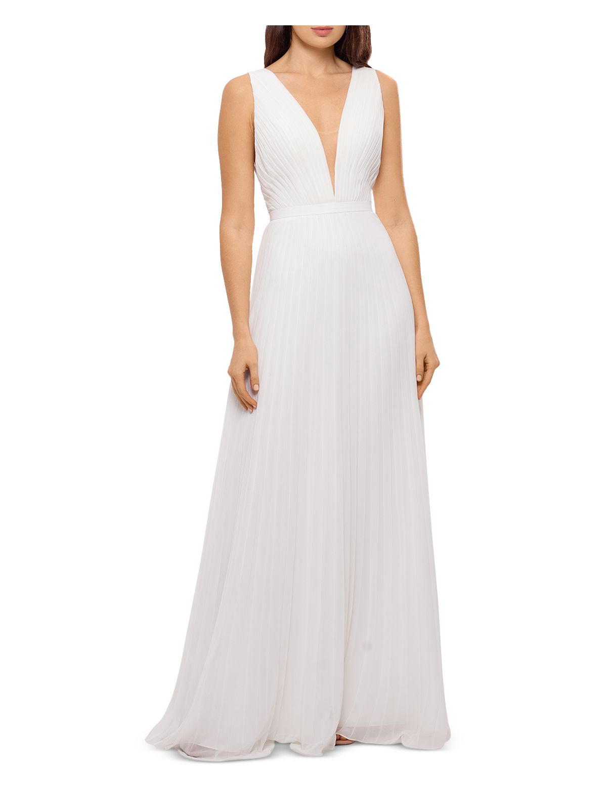 AQUA FORMAL Womens White Pleated Zippered V-back Sleeveless V Neck Maxi Cocktail Gown Dress 4