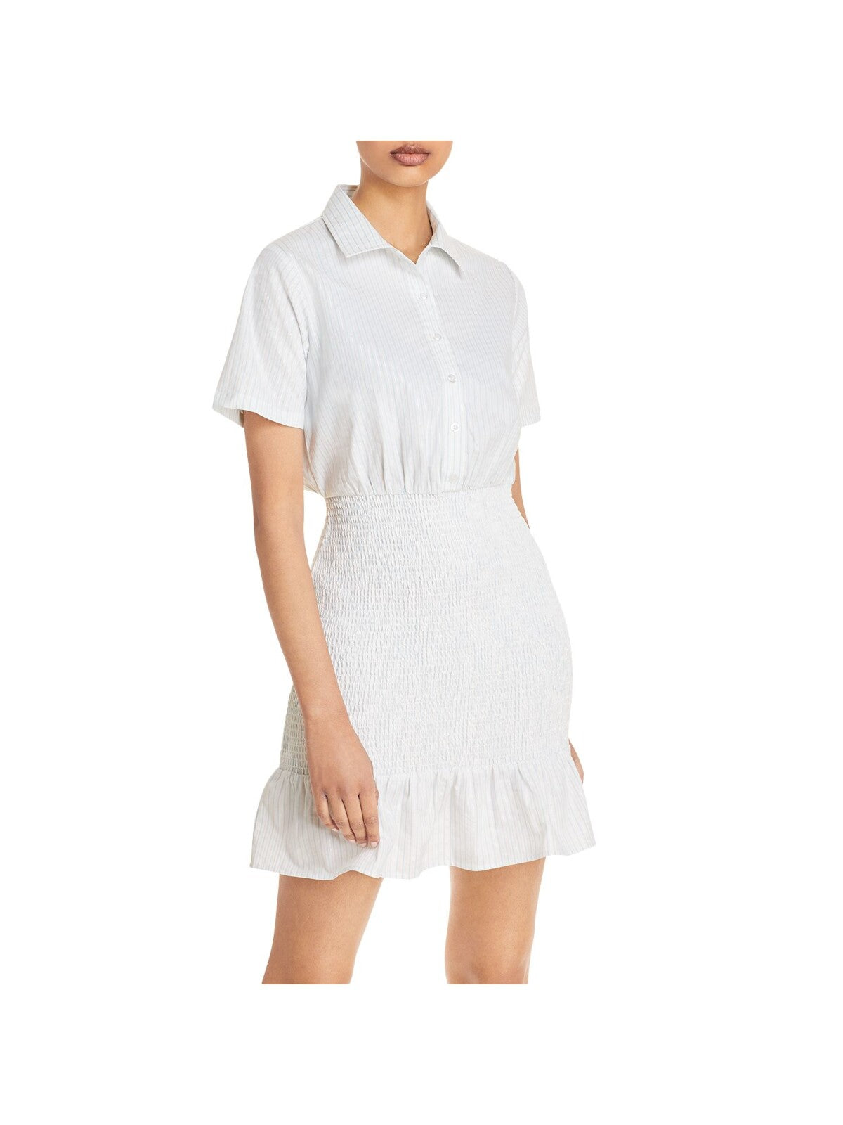 AQUA Womens White Stretch Ruffled Button Front Smocked Skirt Striped Short Sleeve Collared Short Party Shirt Dress M