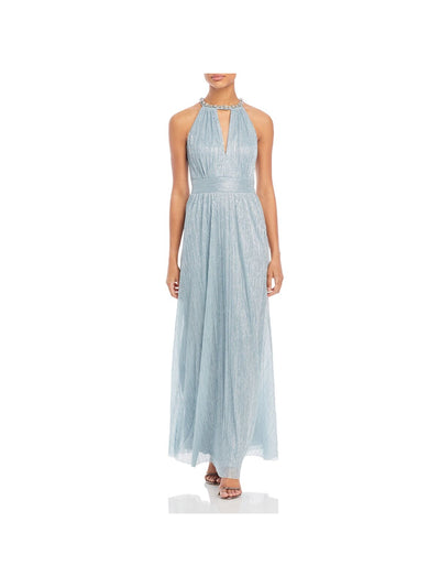 ELIZA J Womens Light Blue Embellished Zippered Lined Keyhole Pinstripe Sleeveless Halter Full-Length Formal Gown Dress 8