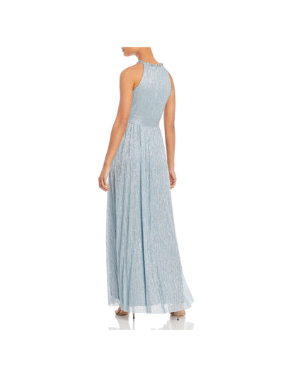 ELIZA J Womens Light Blue Embellished Zippered Lined Keyhole Pinstripe Sleeveless Halter Full-Length Formal Gown Dress 8