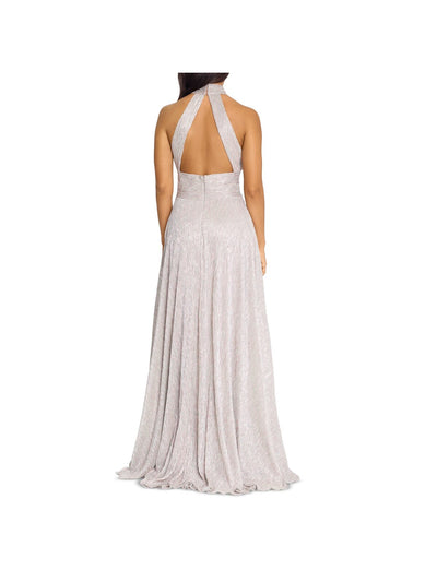 AQUA FORMAL Womens Silver Zippered Pocketed Wrap Style Skirt Open Back Lined Sleeveless Halter Full-Length Formal Gown Dress 8