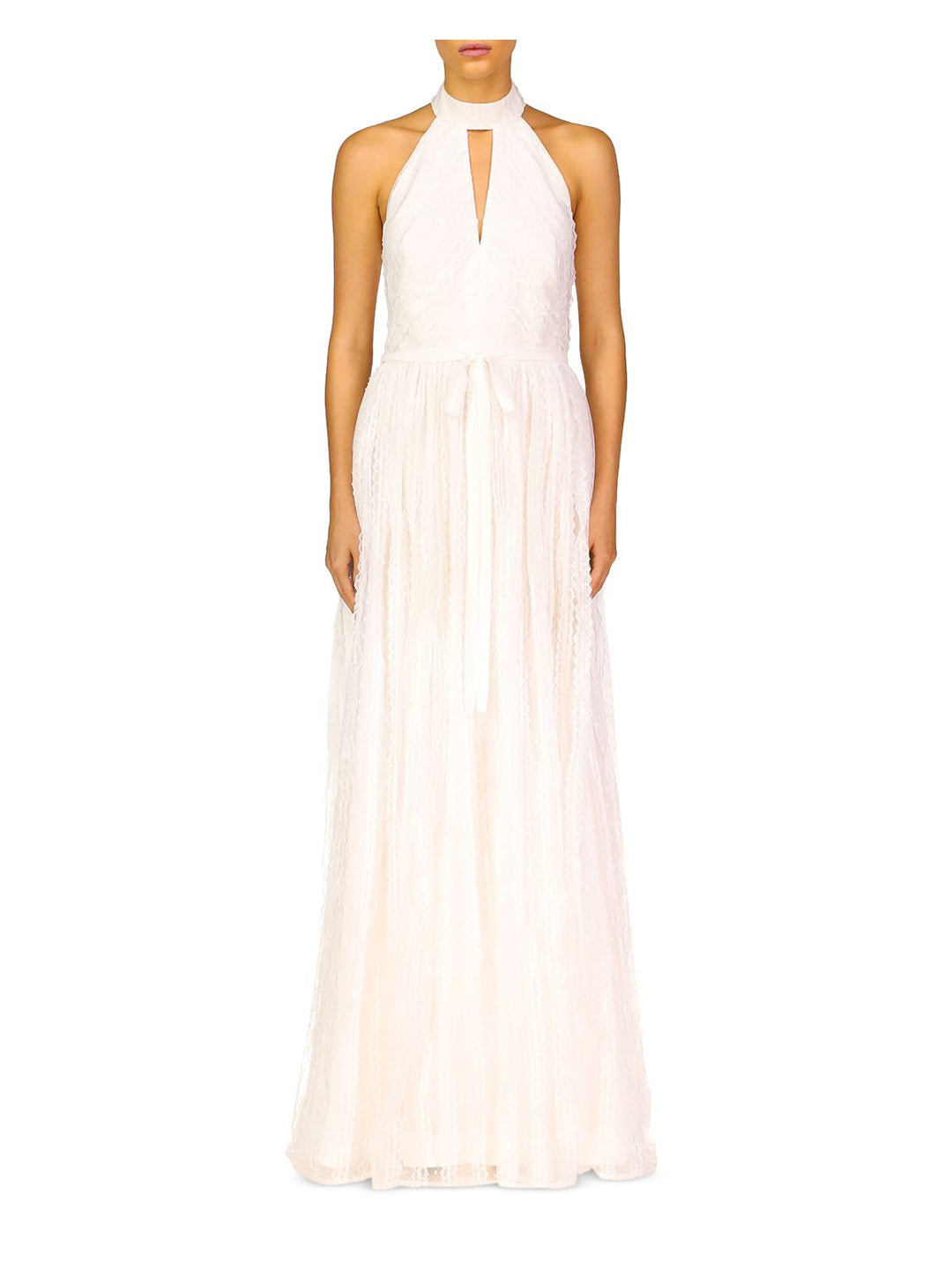 ML MONIQUE LHUILLIER Womens Ivory Lace Zippered Keyhole Sleeveless Hal   Bobbi + Bricka