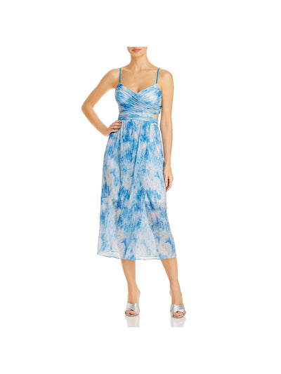 AIDAN MATTOX Womens Blue Cut Out Back Ribbed Sheer Lined Printed Spaghetti Strap Surplice Neckline Midi Party Fit + Flare Dress 8