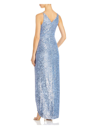 AQUA FORMAL Womens Stretch Zippered Sequined Wrap-front Spaghetti Strap V Neck Full-Length Formal Gown Dress