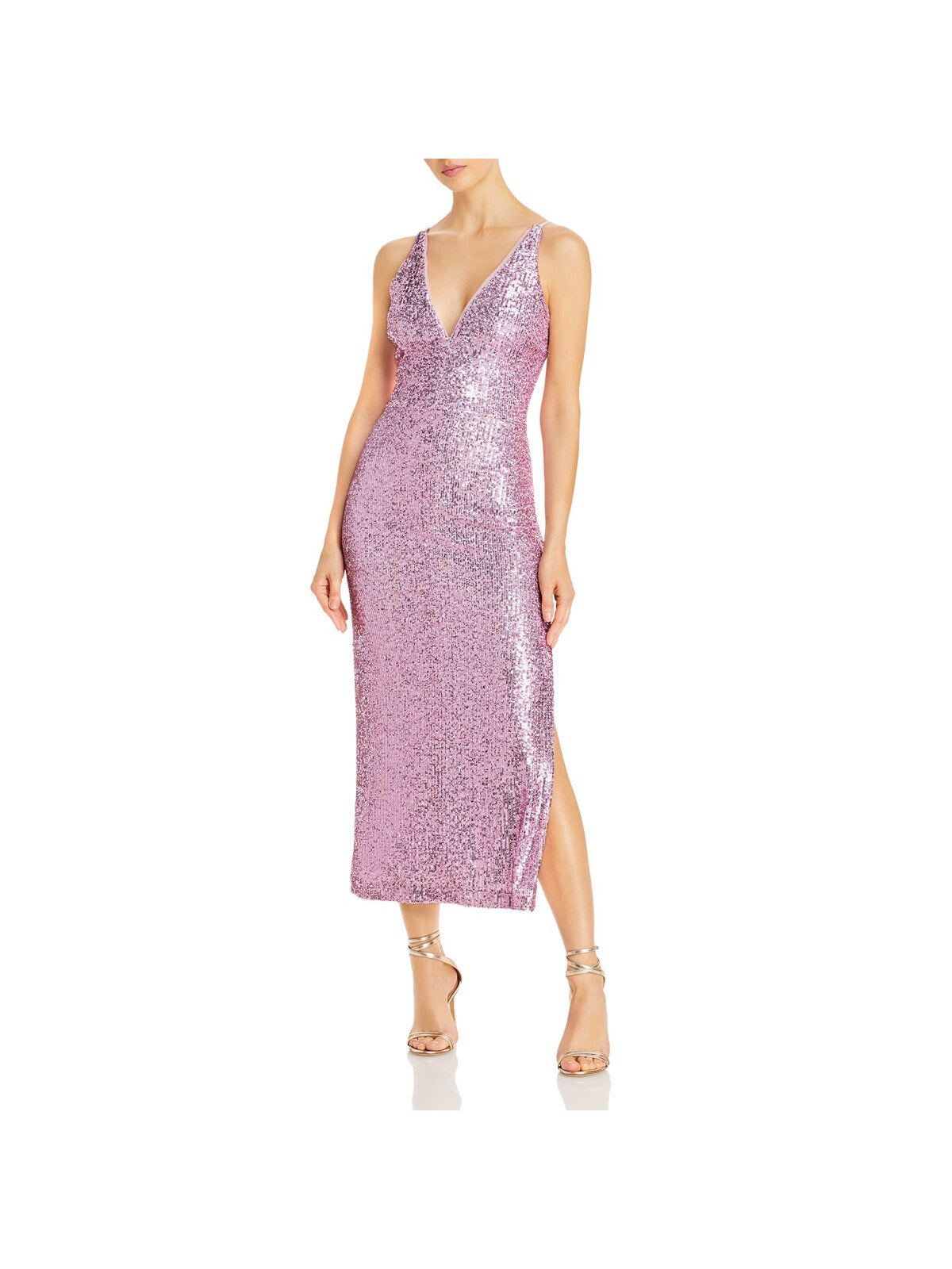 AQUA FORMAL Womens Pink Stretch Sequined Zippered Side Slit Lined Spaghetti Strap V Neck Midi Cocktail Sheath Dress 6