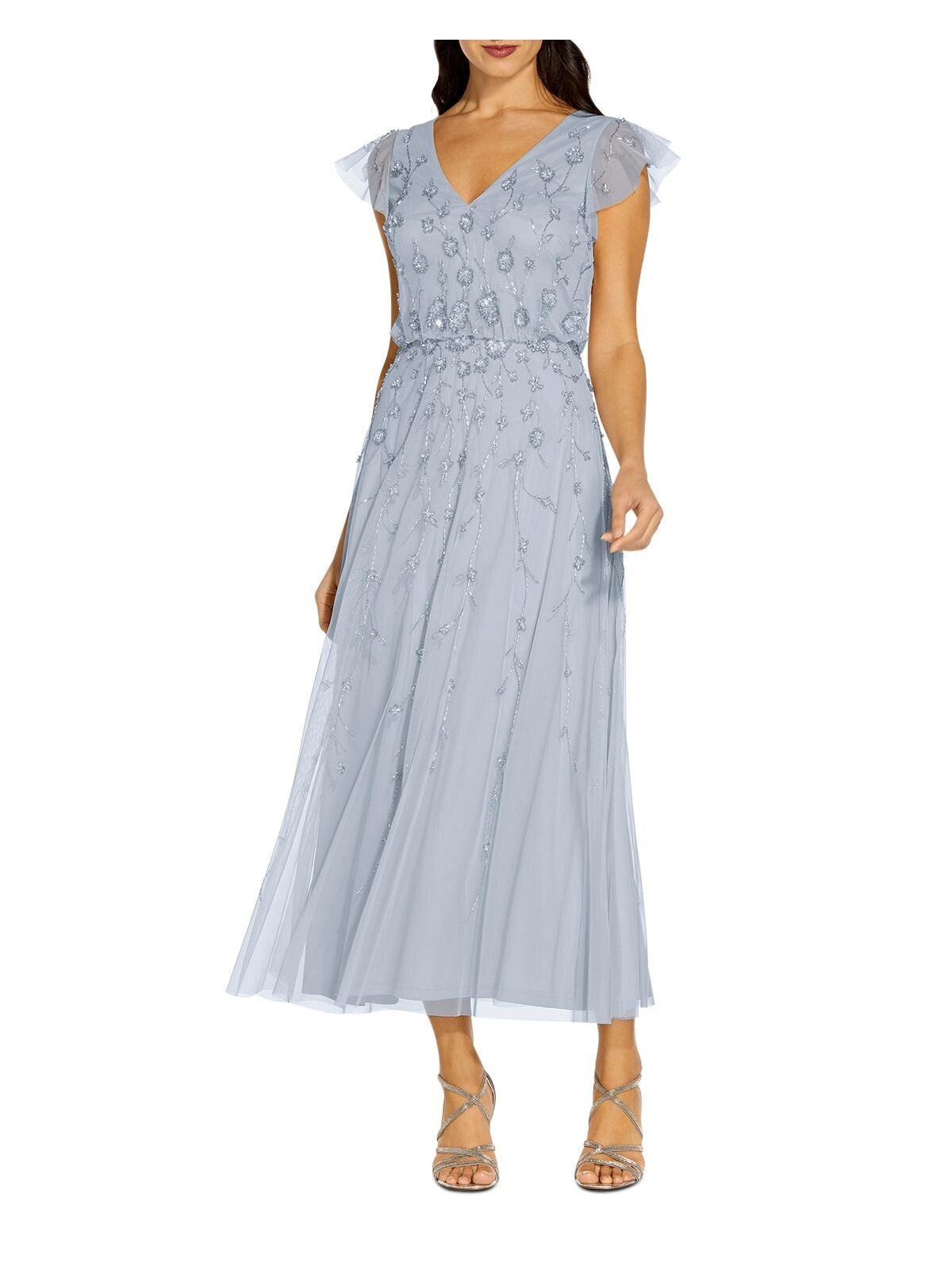 ADRIANNA PAPELL Womens Light Blue Mesh Embellished Zippered Lined Sheer Flutter Sleeve V Neck Maxi Cocktail Blouson Dress 4