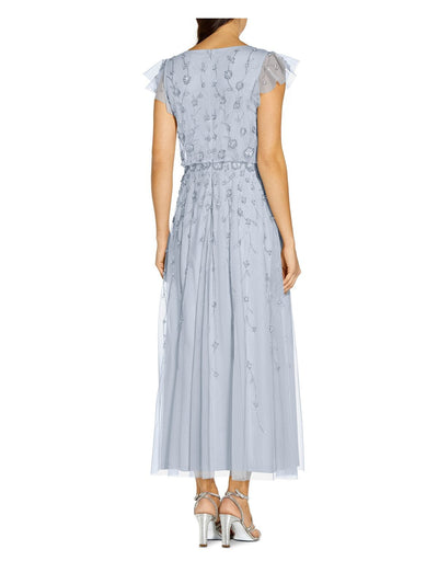 ADRIANNA PAPELL Womens Light Blue Mesh Embellished Zippered Lined Sheer Flutter Sleeve V Neck Maxi Cocktail Blouson Dress 4