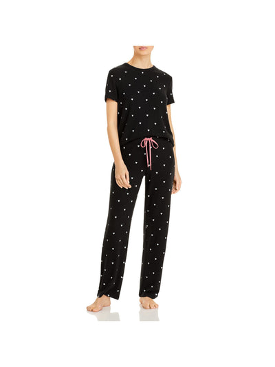 AQUA Womens Black Patterned Drawstring T-Shirt Top Straight leg Pants Stretch Pajamas S