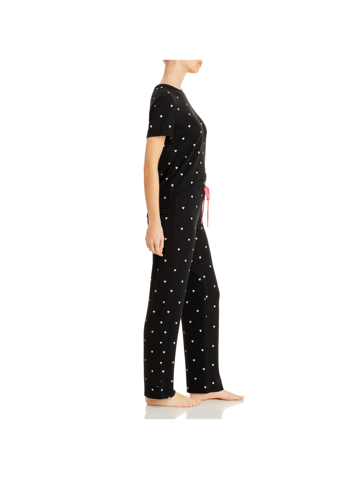 AQUA Womens Black Patterned Drawstring Short Sleeve T-Shirt Top Straight leg Pants Stretch Pajamas S