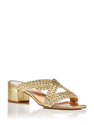 STUART WEITZMAN Womens Gold Metallic Woven Padded Rosie Square Toe Block Heel Slip On Leather Dress Slide Sandals Shoes 9.5 B