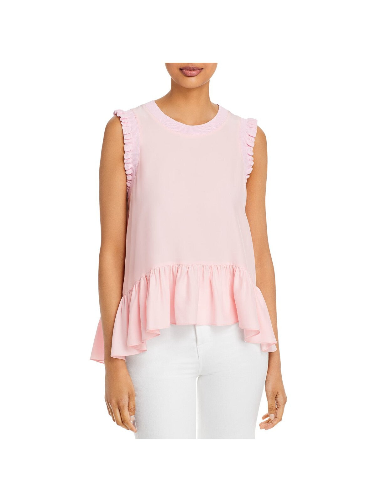 CINQ A SEPT Womens Pink Ribbed Sleeveless Crew Neck Peplum Top XS