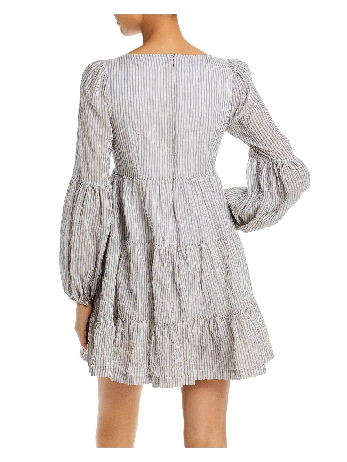 CINQ A SEPT Womens Ivory Zippered Lined Long Balloon Sleeve Striped Scoop Neck Mini Party Baby Doll Dress 2