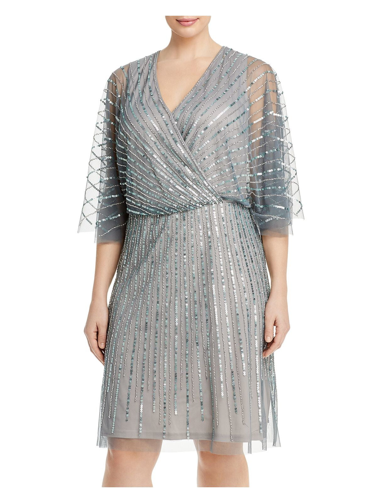 ADRIANNA PAPELL Womens Silver Sequined Zippered Lined Flutter Sleeve V Neck Above The Knee Party Sheath Dress 10