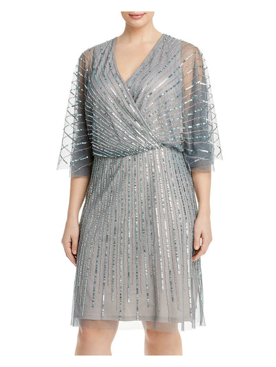 ADRIANNA PAPELL Womens Sequined Zippered Beaded Sheer Lined Flutter Sleeve V Neck Above The Knee Party Sheath Dress