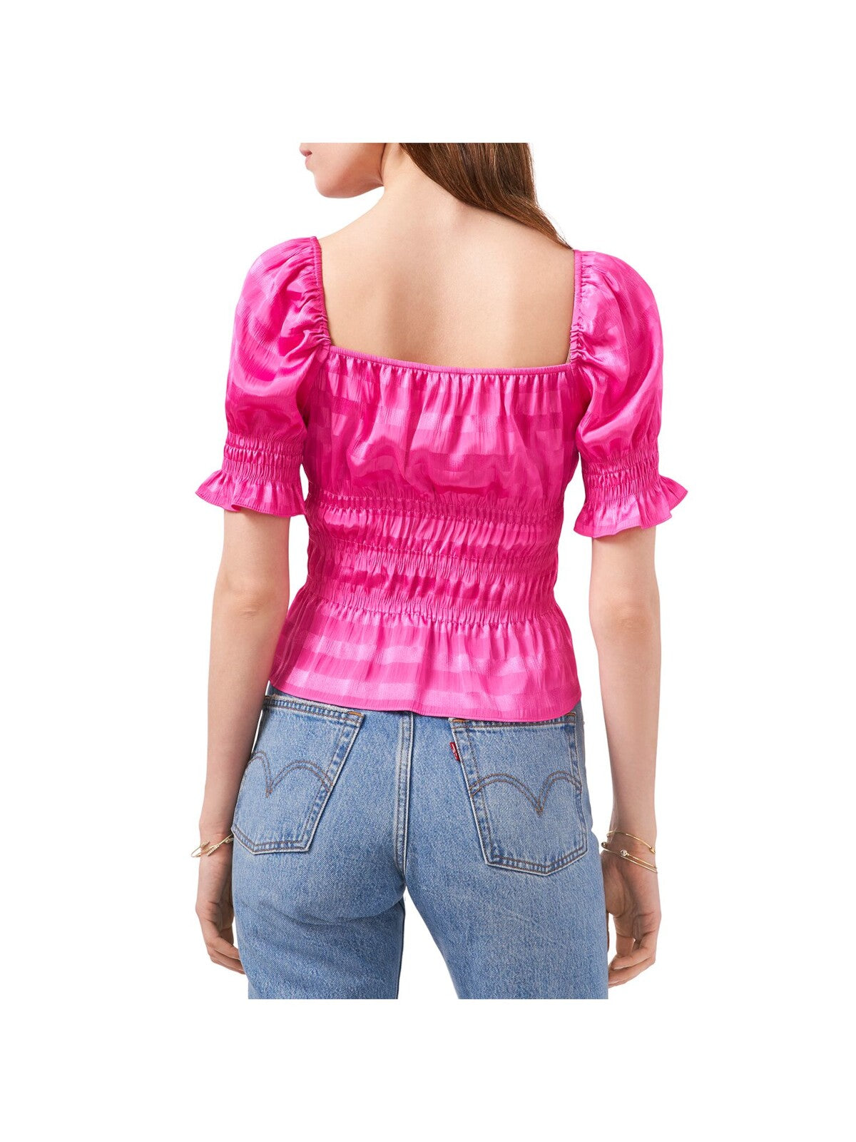 1. STATE Womens Pink Smocked Striped Pouf Sleeve Square Neck Peasant Top XS