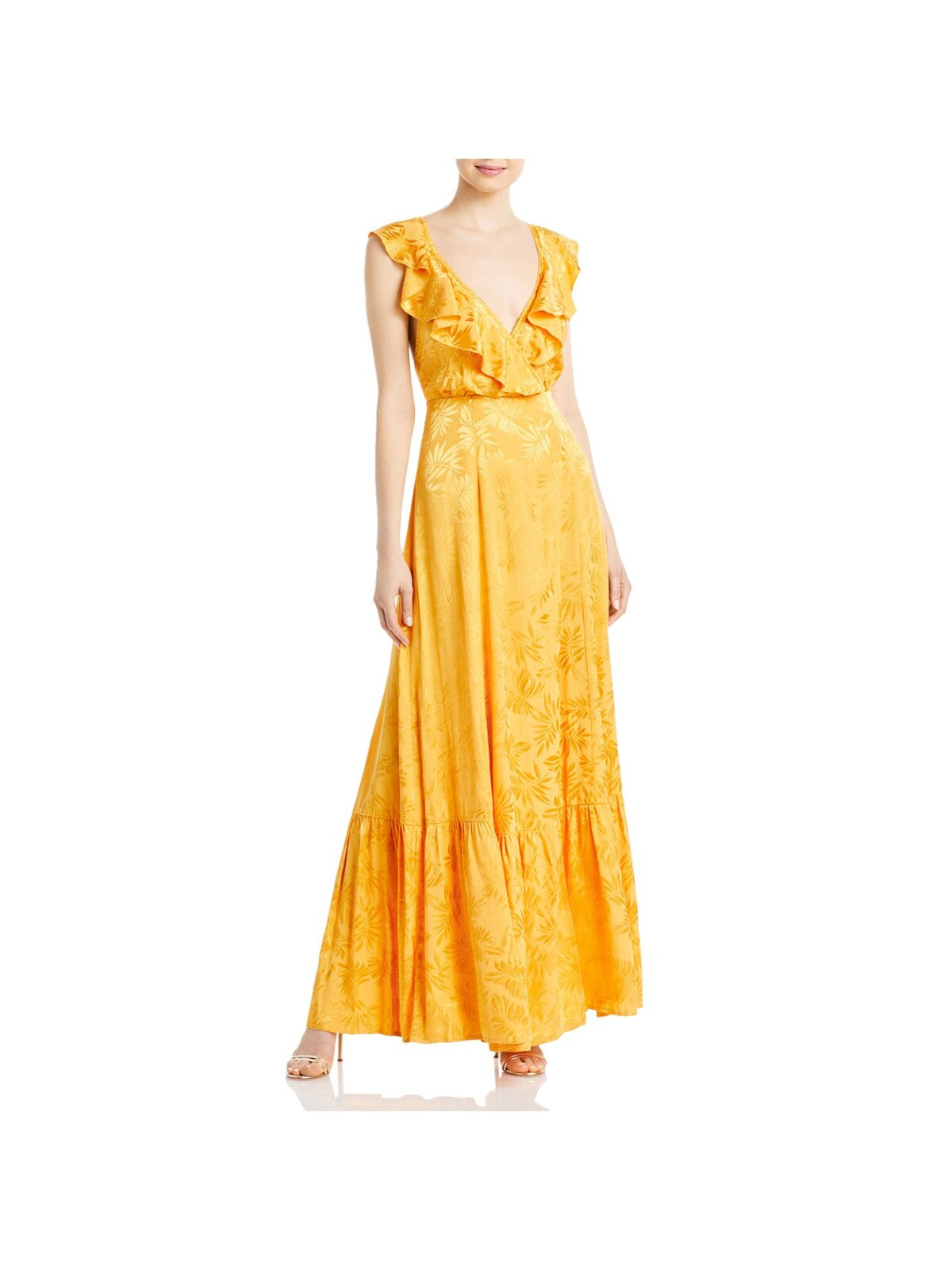 SABINA MUSAYEV Womens Gold Ruffled Pleated Adjustable Straps Zippered Elast Printed Sleeveless Surplice Neckline Full-Length Evening Shift Dress XS