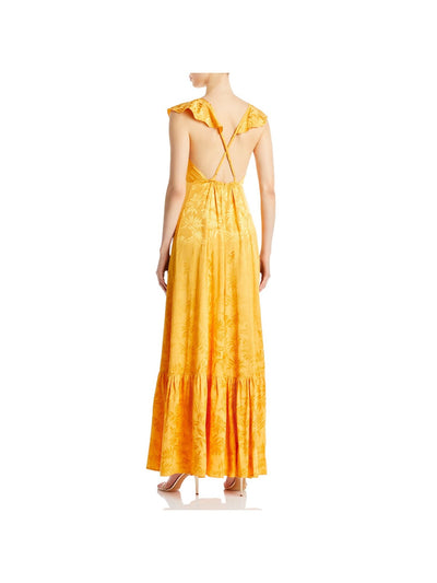 SABINA MUSAYEV Womens Gold Ruffled Pleated Adjustable Straps Zippered Elast Printed Sleeveless Surplice Neckline Full-Length Evening Shift Dress XS