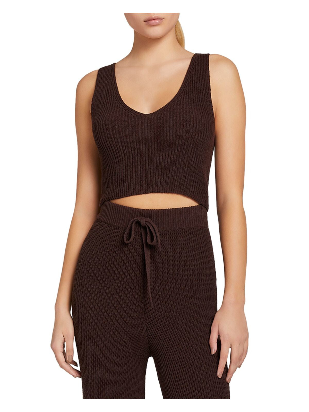 A.L.C. Womens Brown Ribbed Sleeveless V Neck Crop Top Sweater L