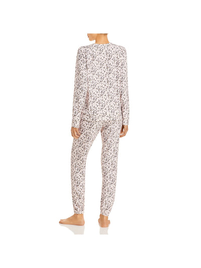 AQUA Womens Pink Animal Print Top Long Sleeve Cuffed Pants Fleece Pajamas XS