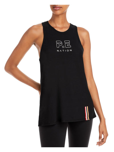 P. E NATION Womens Black Stretch Racerback Longline Logo Graphic Sleeveless Round Neck Tank Top S\P
