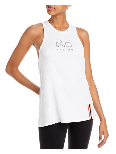 P. E NATION Womens White Stretch Racerback Longline Logo Graphic Sleeveless Round Neck Active Wear Tank Top M
