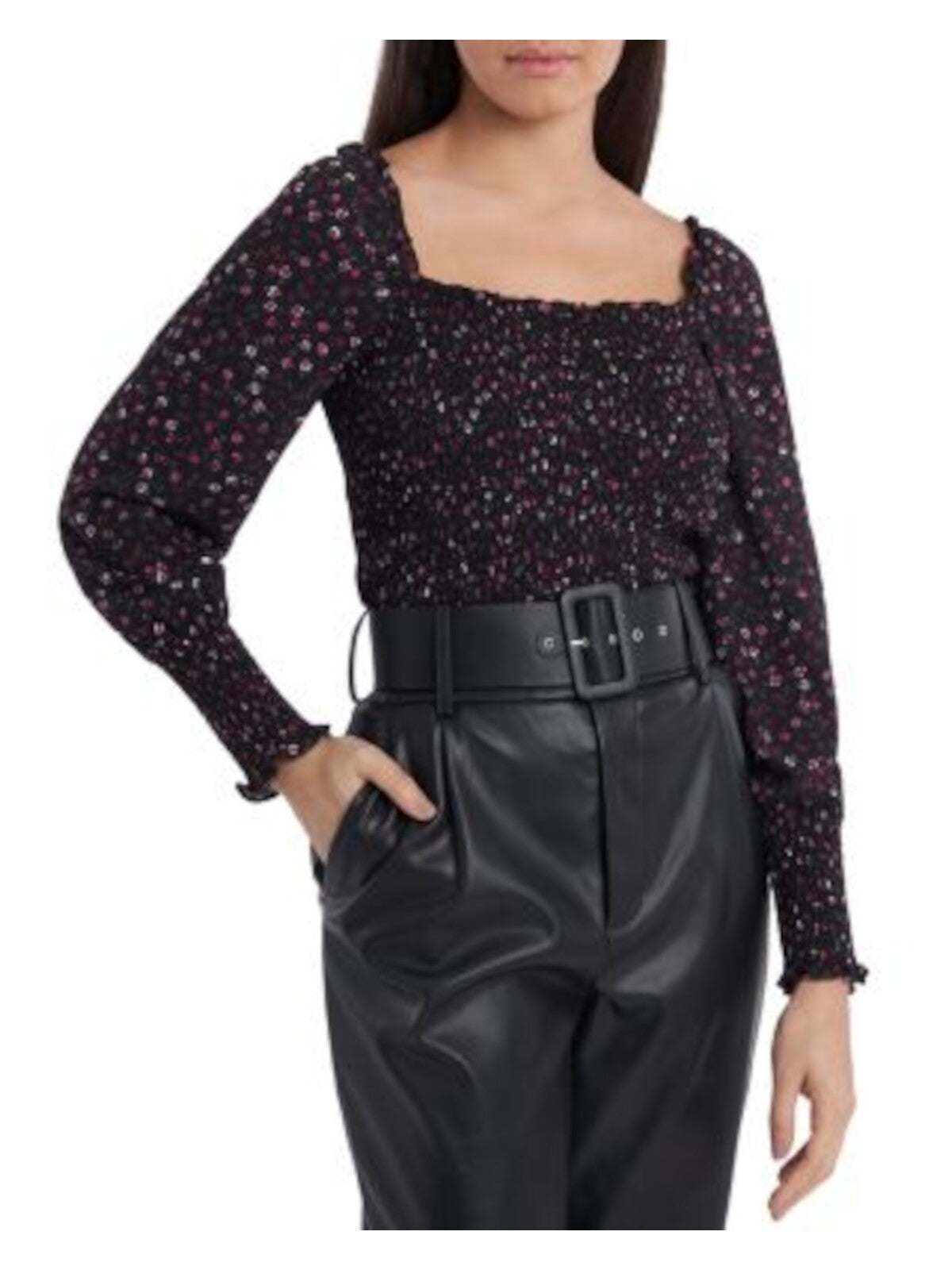 1. STATE Womens Black Stretch Fitted Floral Blouson Sleeve Square Neck Top XS