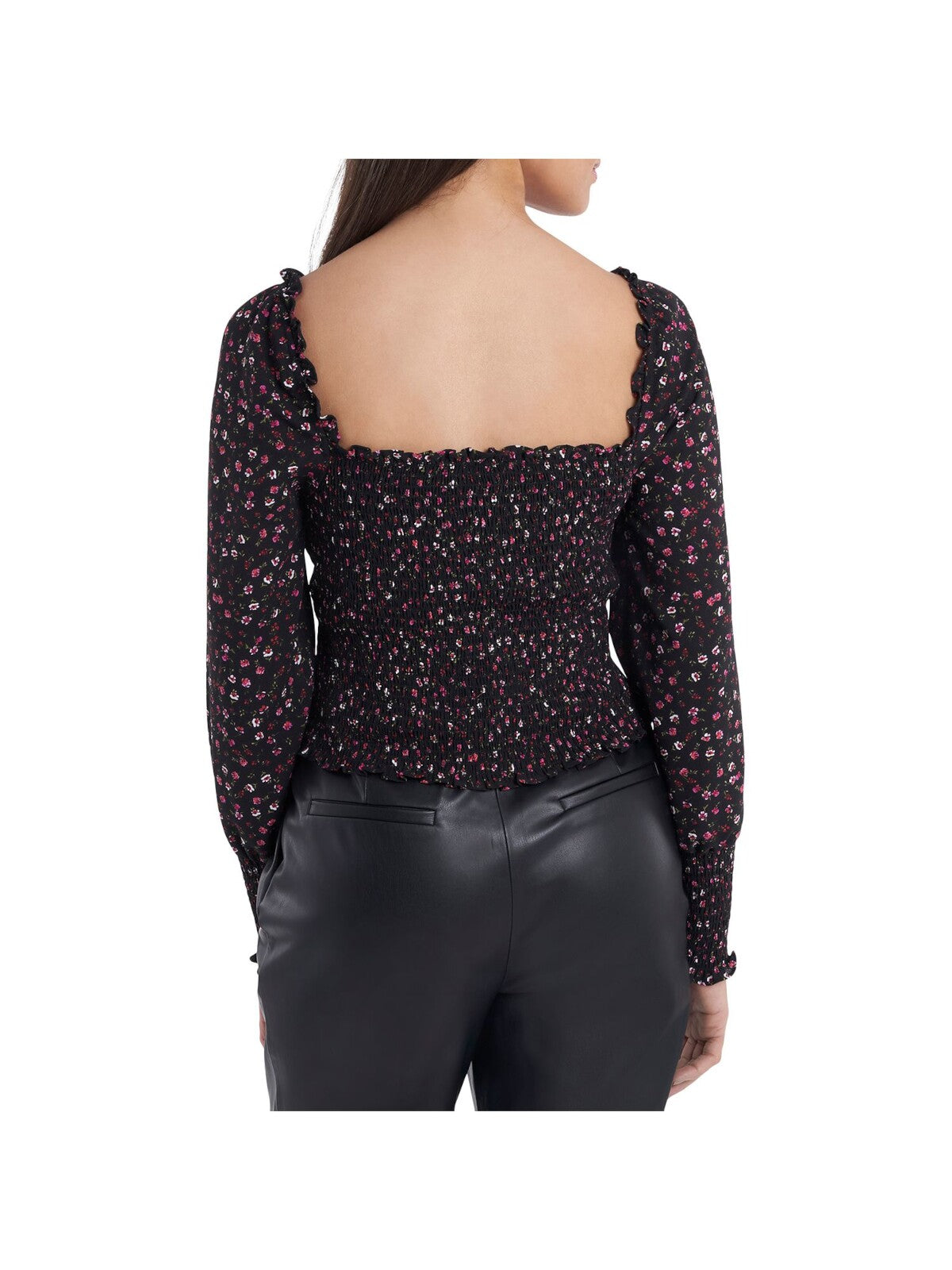 1. STATE Womens Black Stretch Smocked Ruffled Square-back Floral Blouson Sleeve Square Neck Blouse S