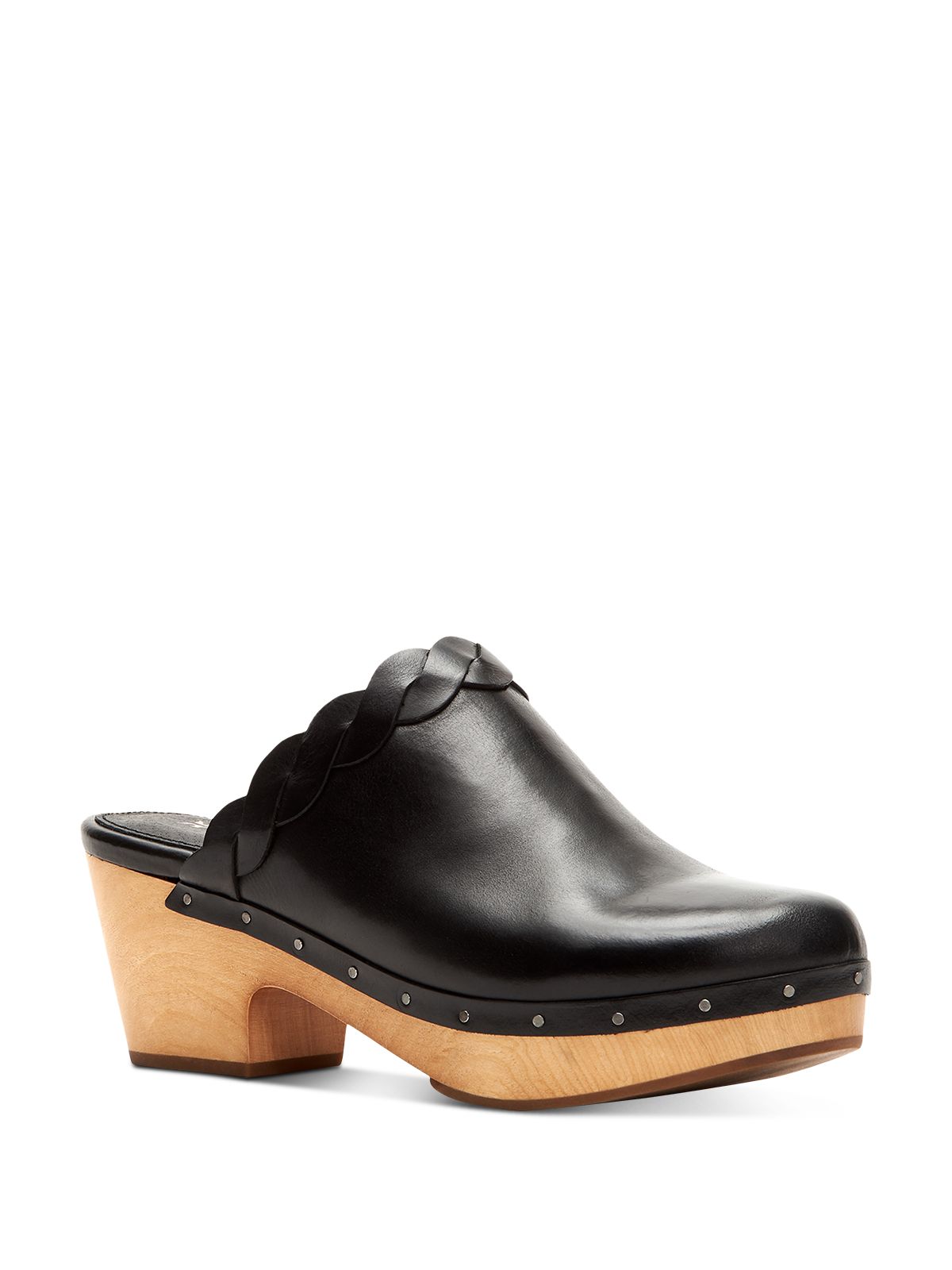 FRYE Womens Black 1" Platform Nailhead Detail Braided Padded Mille Round Toe Block Heel Slip On Leather Heeled Mules Shoes 6 M