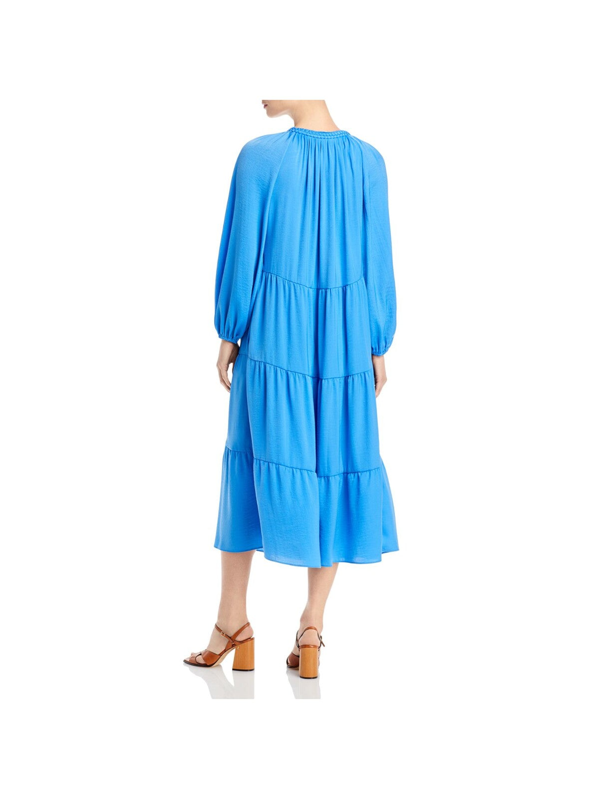 KOBI HALPERIN Womens Blue Cut Out Pocketed Braided Tie  Tiered Dress Blouson Sleeve Round Neck Midi Wear To Work Shift Dress M