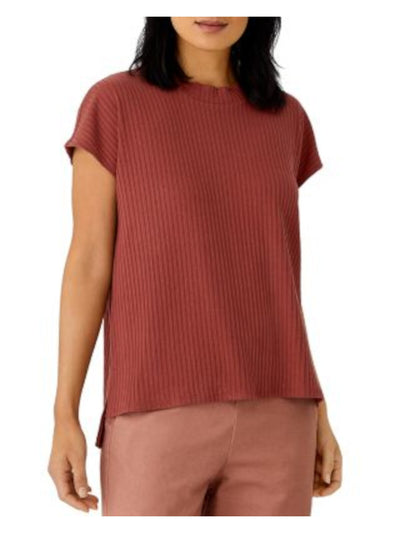 EILEEN FISHER Womens Brown Stretch Ribbed Textured Short Sleeve Crew Neck Top L
