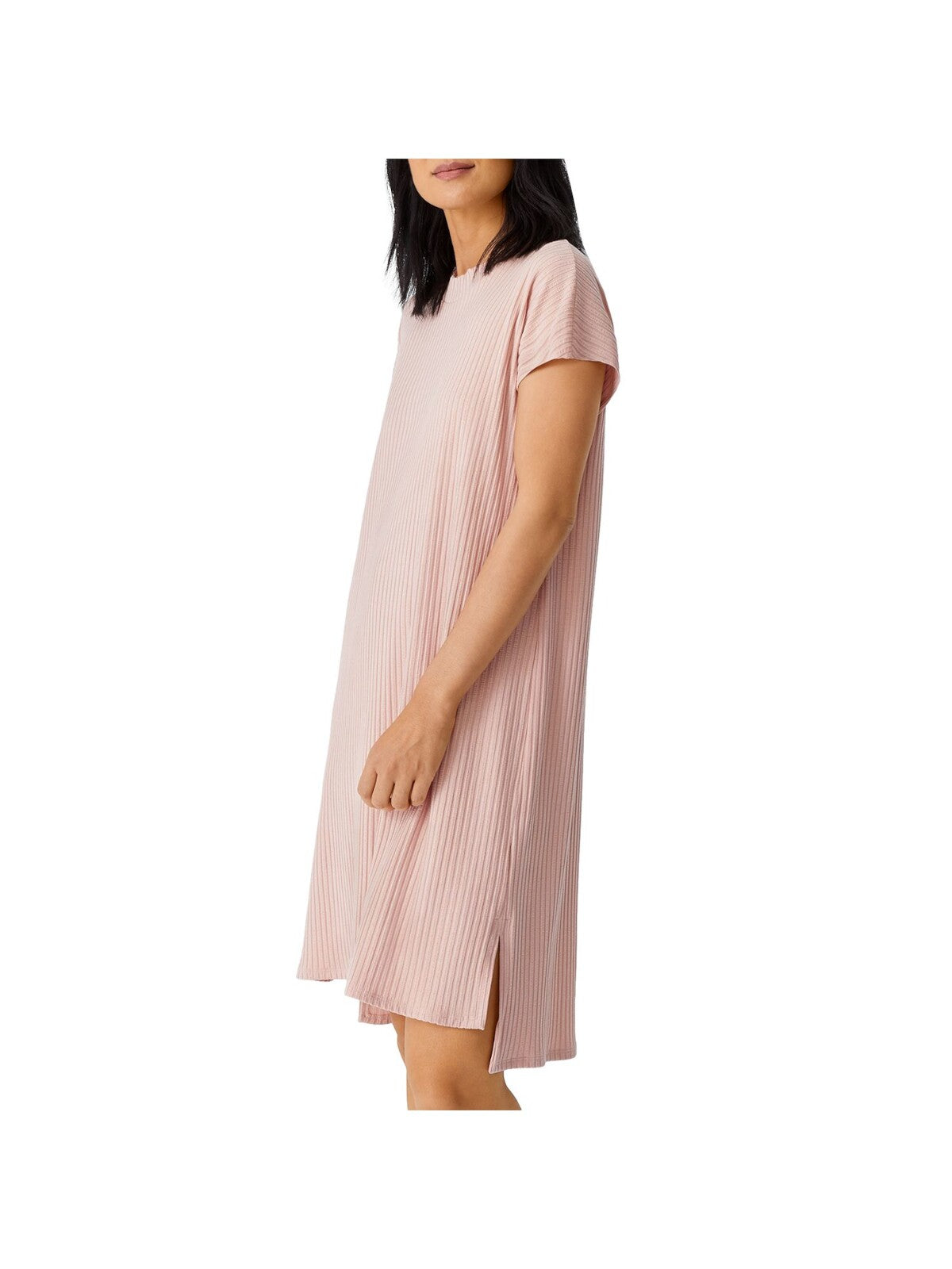 EILEEN FISHER Womens Pink Stretch Ribbed Slitted Step Hem Boxy Fit Short Sleeve Crew Neck Knee Length Sheath Dress M