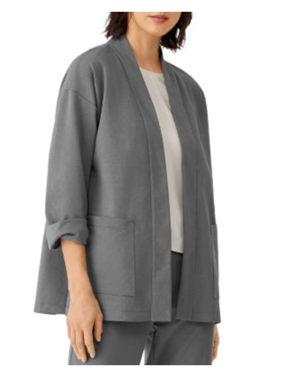 EILEEN FISHER Womens Gray Pocketed High-collar Long Sleeve Open Front Top Petites PL