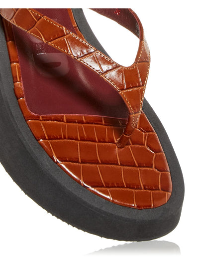 STAUD Womens Brown Croc Embossed Cushioned Tessa Round Toe Wedge Slip On Leather Thong Sandals Shoes