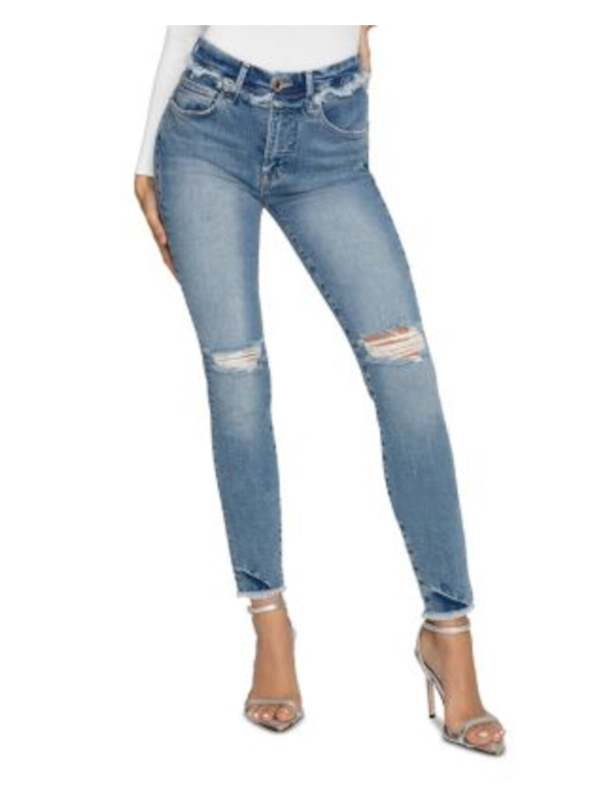 GOOD AMERICAN Womens Blue Pocketed Zippered Frayed Hem High Waist Jeans 20