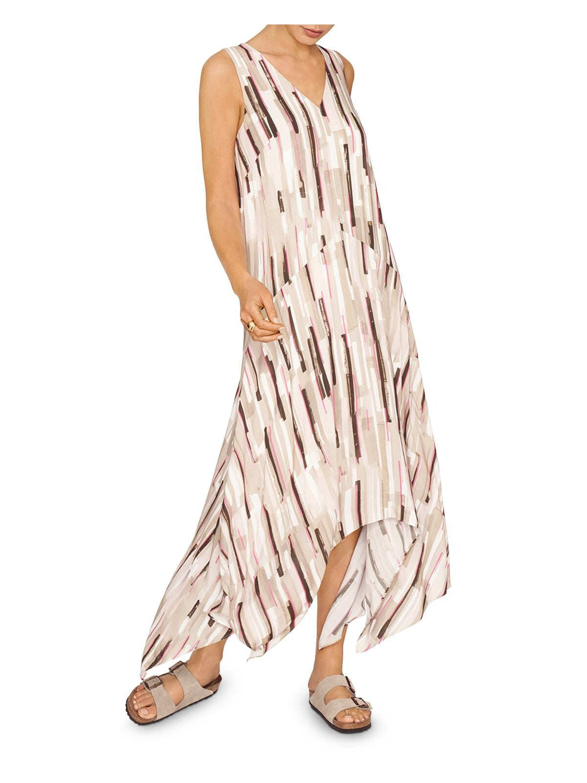 B NEW YORK Womens Beige Printed Sleeveless V Neck Maxi Shift Dress M
