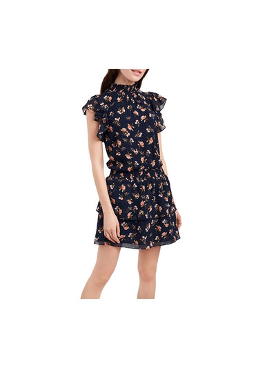1. STATE Womens Navy Ruffled Pleated Smocked Neck Floral Cap Sleeve Mini Drop Waist Dress XL