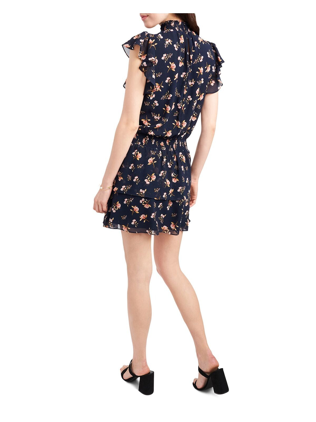 1. STATE Womens Navy Ruffled Pleated Smocked Neck Floral Cap Sleeve Mini Drop Waist Dress XL