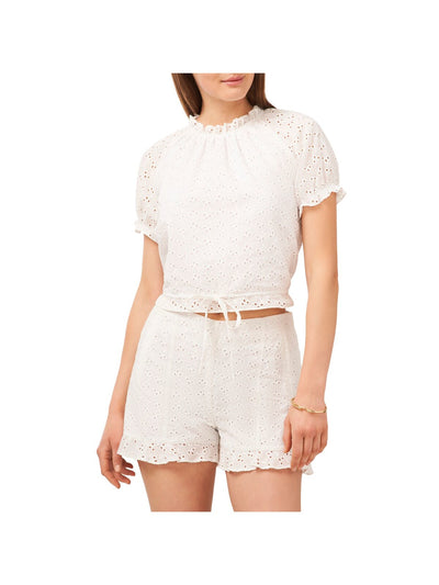 1. STATE Womens White Eyelet Ruffled Lined Tie At Waist Puff Sleeve Raglan Sleeve Round Neck Crop Top XS